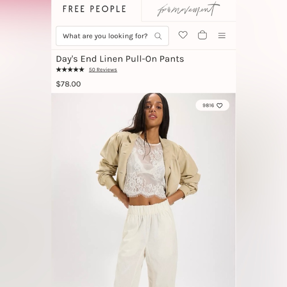 Free People Cream Linen Pull-On Pants size medium